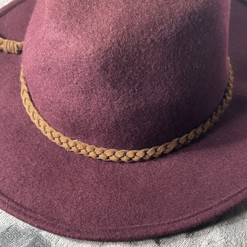 Burgundy 100% Wool Wide Brim Hat Braided Faux Leather Band Tassel Boho - Picture 3 of 7